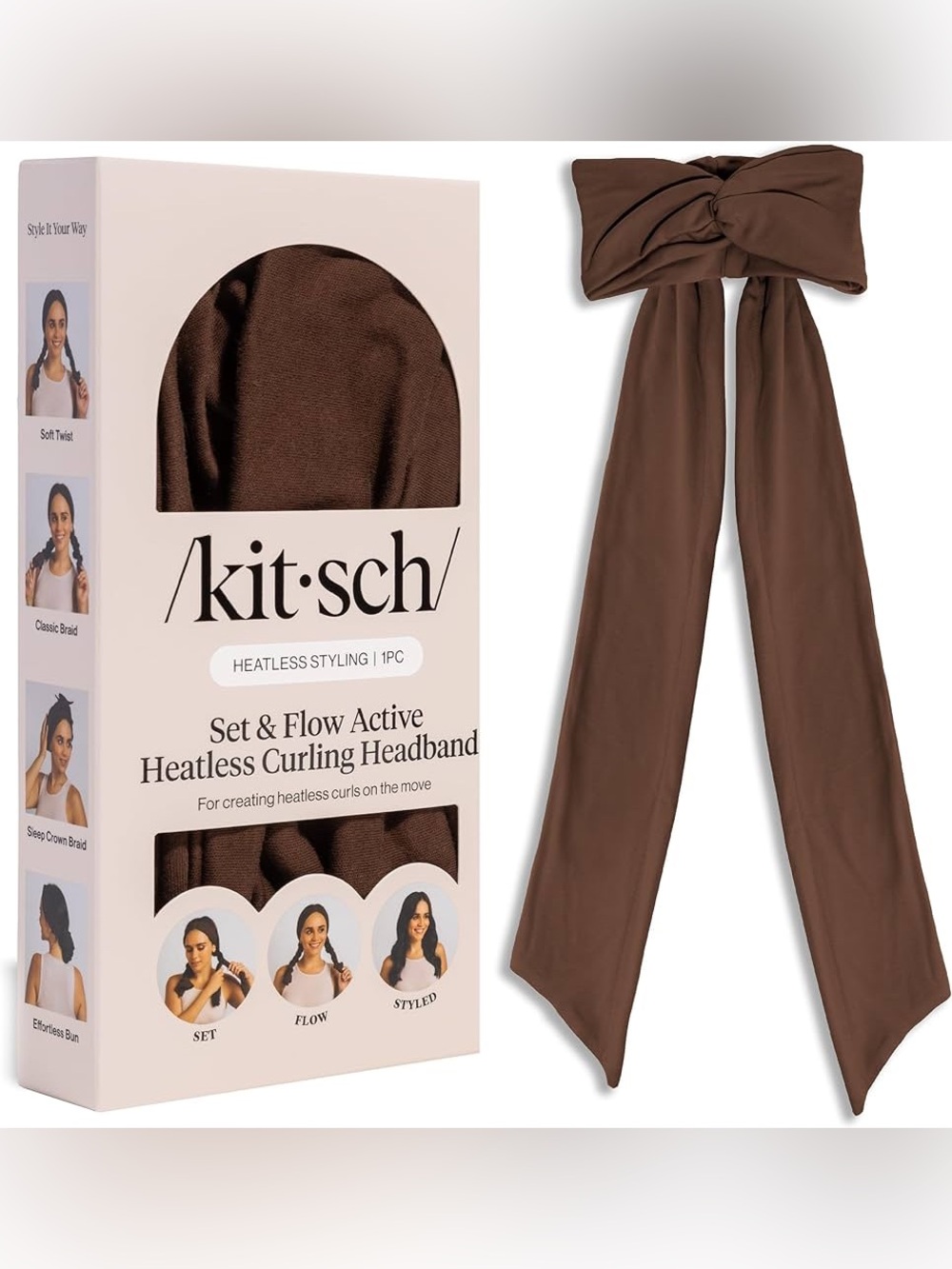 Kitsch Set & Flow Active Heatless Curling Headband - Brown, 1pc $22 Retail